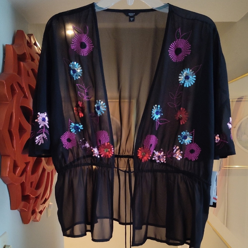 Black Sheer Floral Embroidered Kimono Style Drawstring Top